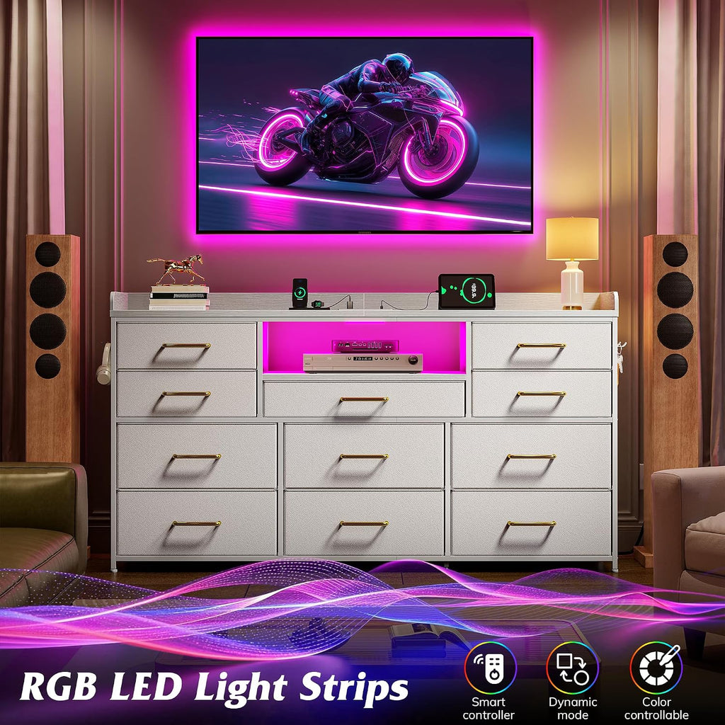 EnHomee Dresser TV Stand with 11 Drawers, 60' TV Stand with LED Lights & Power Outlets, White Dresser for Bedroom with Shelves & 5 Hooks for Dorm, Hallway