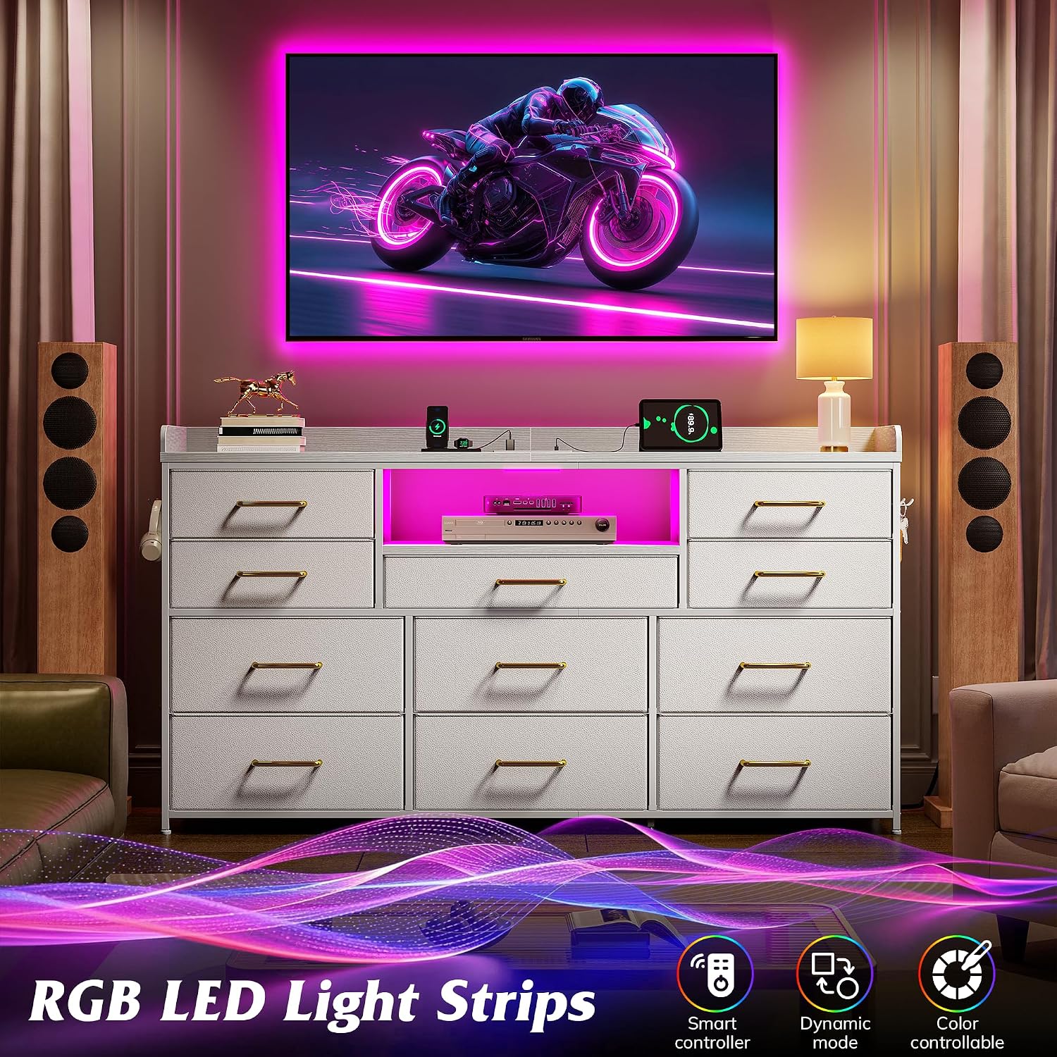 EnHomee Dresser TV Stand with 11 Drawers, 60' TV Stand with LED Lights & Power Outlets, White Dresser for Bedroom with Shelves & 5 Hooks for Dorm, Hallway