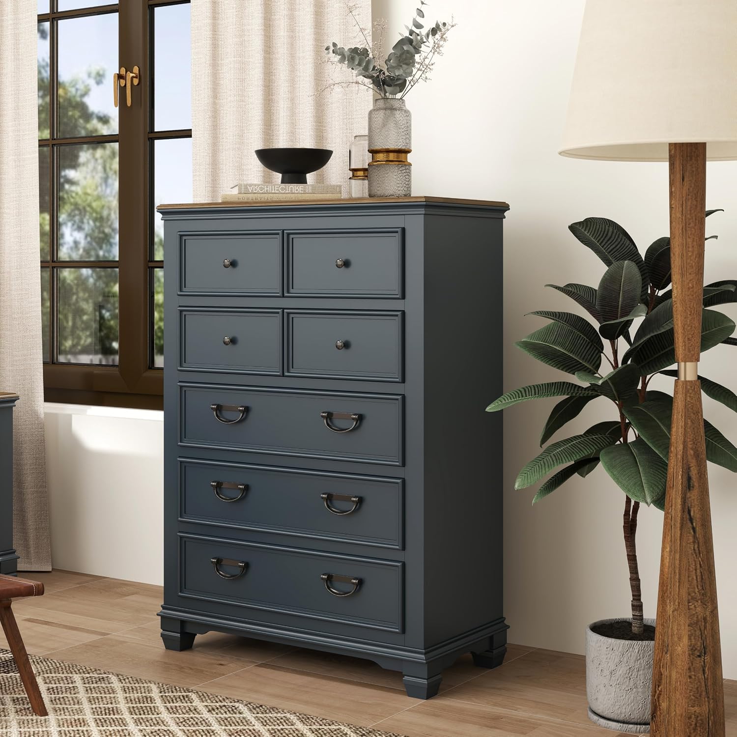 Roundhill Furniture Riverton Wood Bedroom Set with Shiplap Panel King Bed, Dresser, Mirror, Two Nightstands, and Chest in Slate Blue
