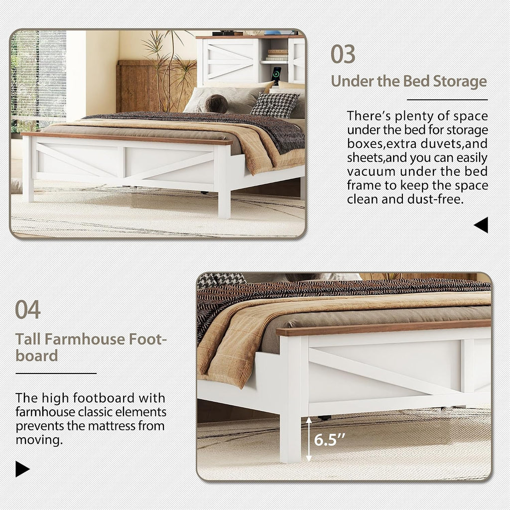 LUMISOL 3-Piece Queen Size Bedroom Set, Wood Platform Bed with Barn Door Storage Headboard & Charging Stations, Nightstand and Dresser, Farmhouse Bedroom Furniture Set, White