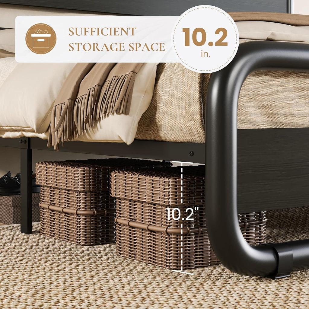 SHA CERLIN Queen Size Metal Bed Frame with Wooden Headboard and Footboard, Heavy Duty Oval-Shaped Platform Bed with Under-Bed Storage, Noise Free, No Box Spring Needed, Black