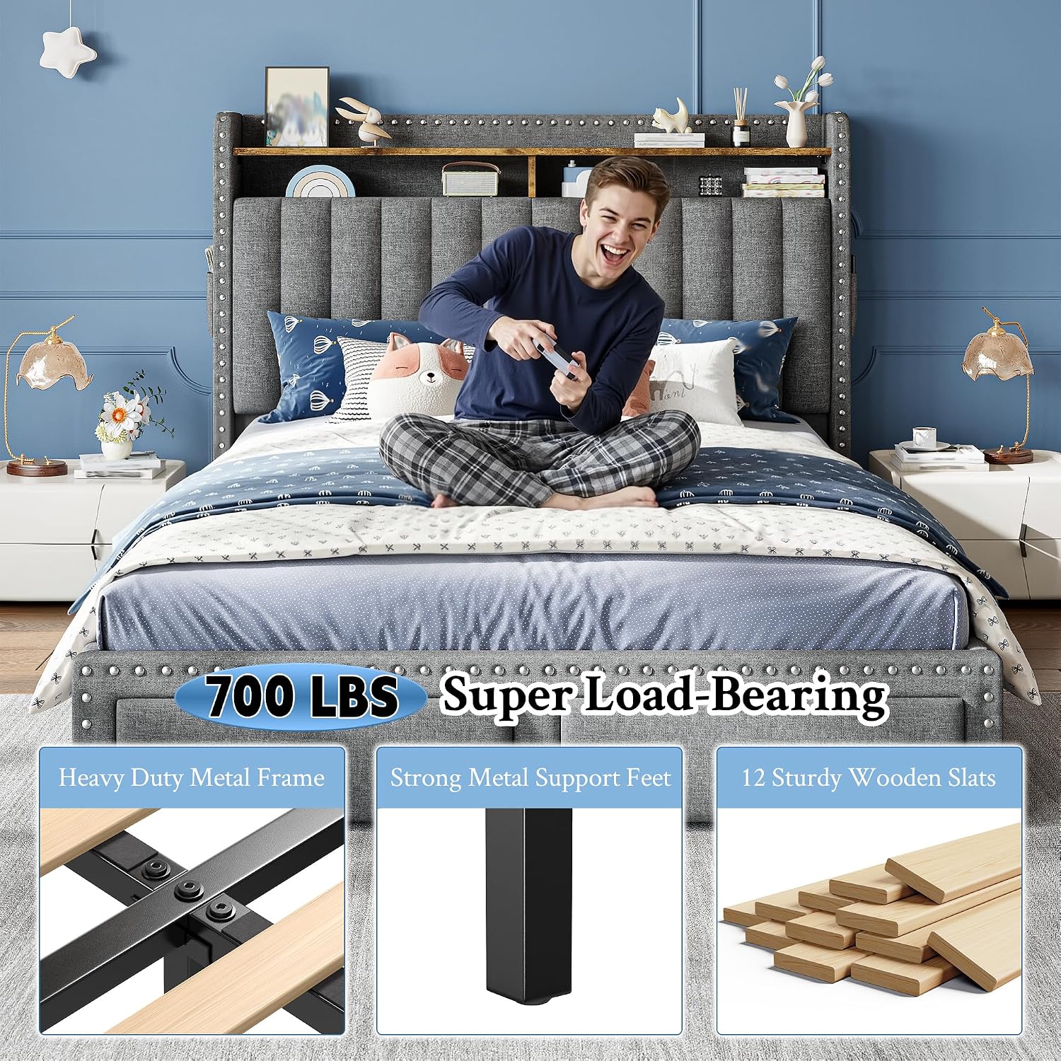 EnHomee Full Size Upholstered Bed Frame with 2 Storage Drawers and 2-Tier Headboard, Vertical Tufted Headboard Design, Extra Storage Space for Bedroom Apartment, Grey