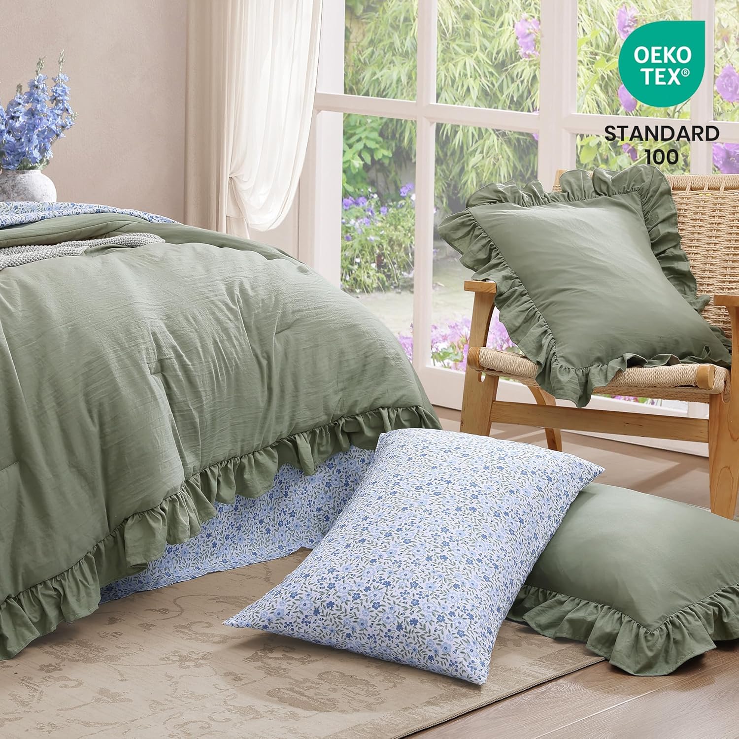 BLOOMHAVEN Oversized King Comforter Set - 7 Pieces Ruffle Sage Leaf Bedding Sets, Shabby Chic Farmhouse Bed in a Bag with Ruffle Comforter, Floral Sheets, Pillowcases & Shams