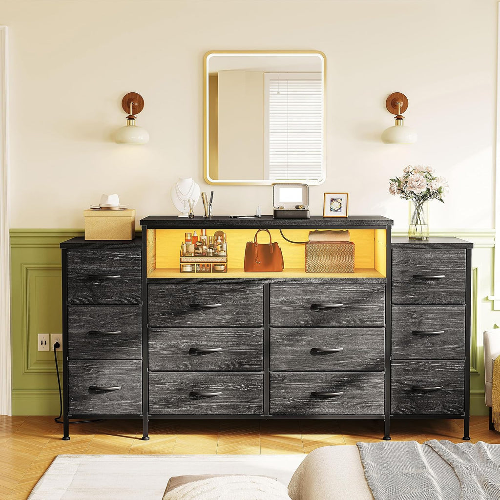 EnHomee 55' W Dresser for Bedroom with LED Lights & Charging Station 12 Drawer Dressers & Chests of Drawers Dresser TV Stand for Bedroom for Hanging 65' TV, Metal Frame & Fabric Drawers, Black