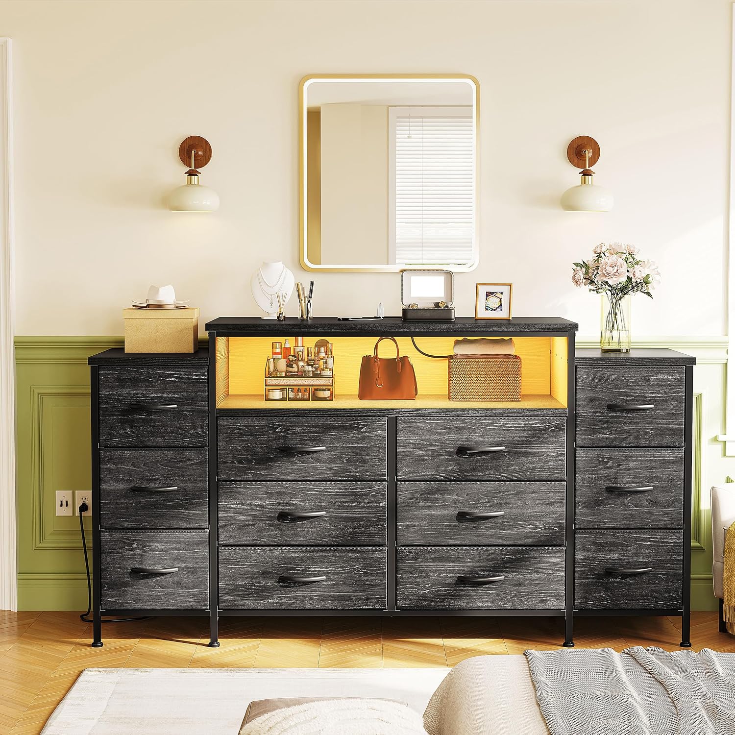 EnHomee 55' W Dresser for Bedroom with LED Lights & Charging Station 12 Drawer Dressers & Chests of Drawers Dresser TV Stand for Bedroom for Hanging 65' TV, Metal Frame & Fabric Drawers, Black