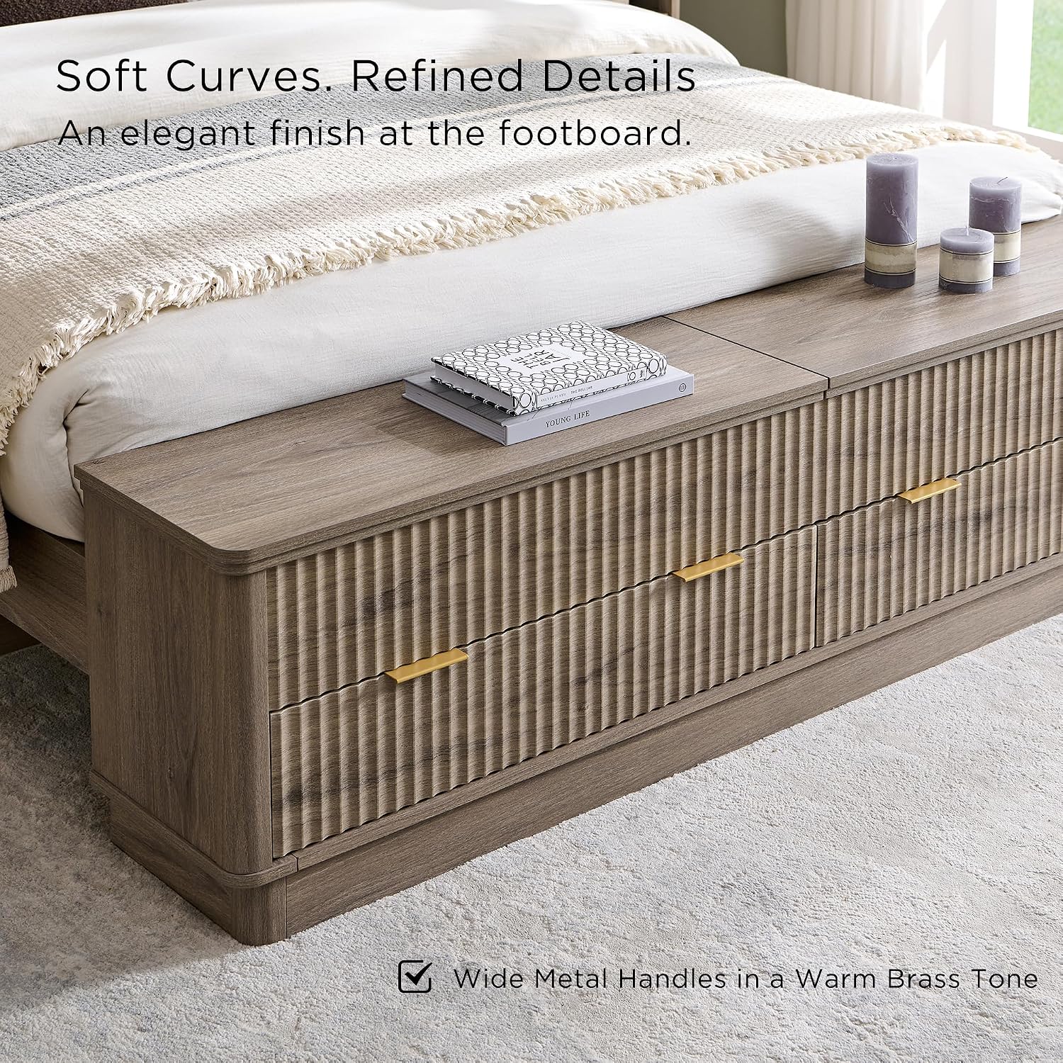 T4TREAM Fluted Queen Size Bed Frame with Wingback Headboard, Footboard Storage Bench with Built-in Drawers & Lift-Up Compartments, Wood & Steel Platform Bed, No Box Spring Needed, Grey Alder