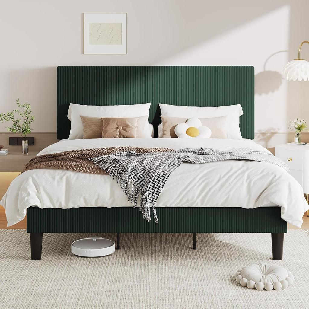 Allewie King Size Upholstered Bed Frame with Vertical Channel Tufted Headboard, Soft Corduroy Fabric Platform Bed, Strong Wooden Slats Support, Easy Assembly, No Box Spring Needed, Dark Green