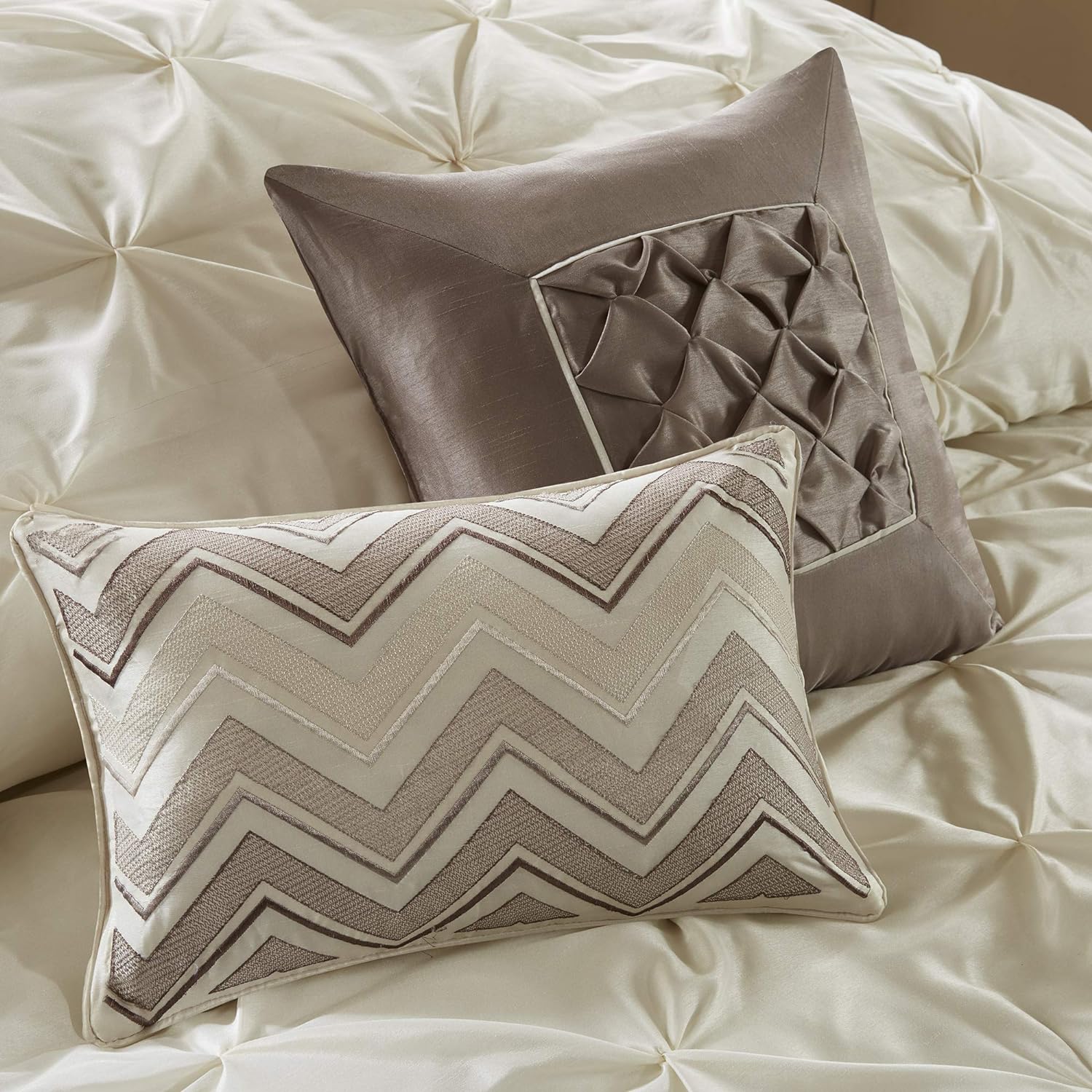 Madison Park Essentials Room in a Bag Faux Silk Comforter Set - Luxe Diamond Tufting All Season Bedding, Matching Curtains, Decorative Pillows, Ivory Queen(90'x90') 24 Piece