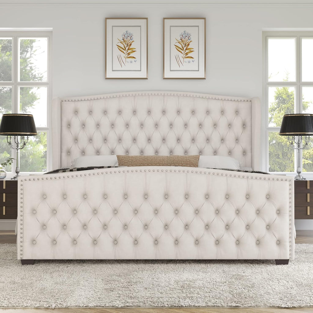 AMERLIFE Queen Size Platform Bed Frame, Velvet Upholstered Bed with Deep Button Tufted & Nailhead Trim Wingback Headboard/No Box Spring Needed/Cream