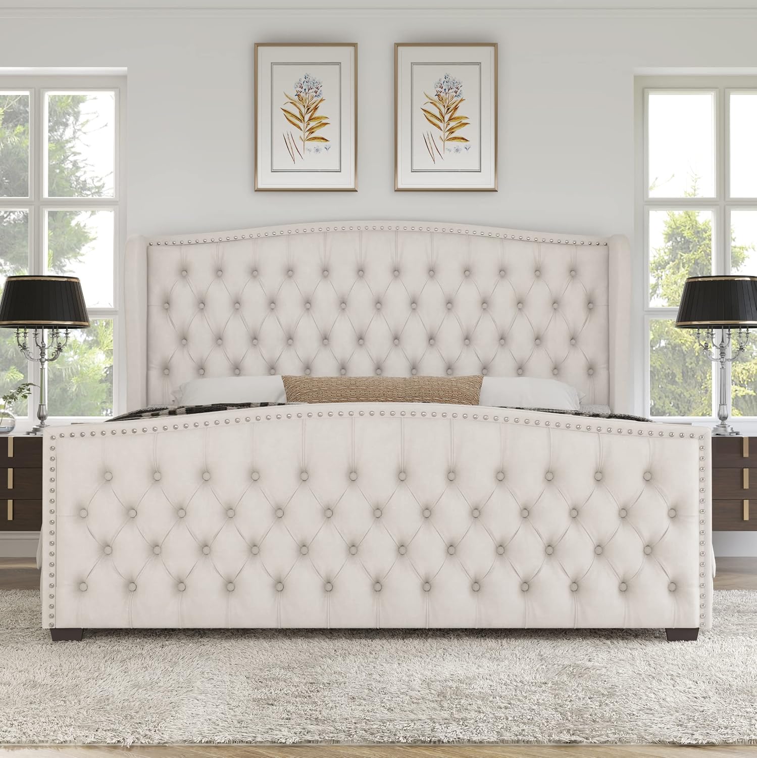 AMERLIFE Queen Size Platform Bed Frame, Velvet Upholstered Bed with Deep Button Tufted & Nailhead Trim Wingback Headboard/No Box Spring Needed/Cream