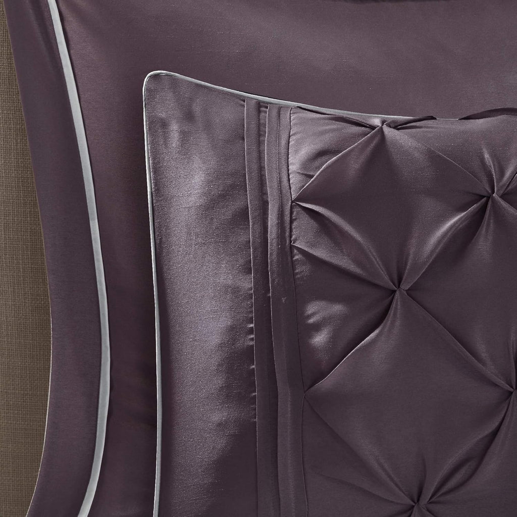 Madison Park Essentials Queen Comforter Set, 24 Piece Bedding With Matching Curtains, Decorative Pillows, Luxe Diamond Tufting , Room in a Bag Joella Collection, Plum Queen