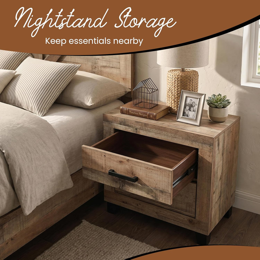 Kings Brand Furniture 6-Piece Antique Natural Queen Size Bedroom Set - Bed, Dresser, Mirror, Chest and 2 Nightstands