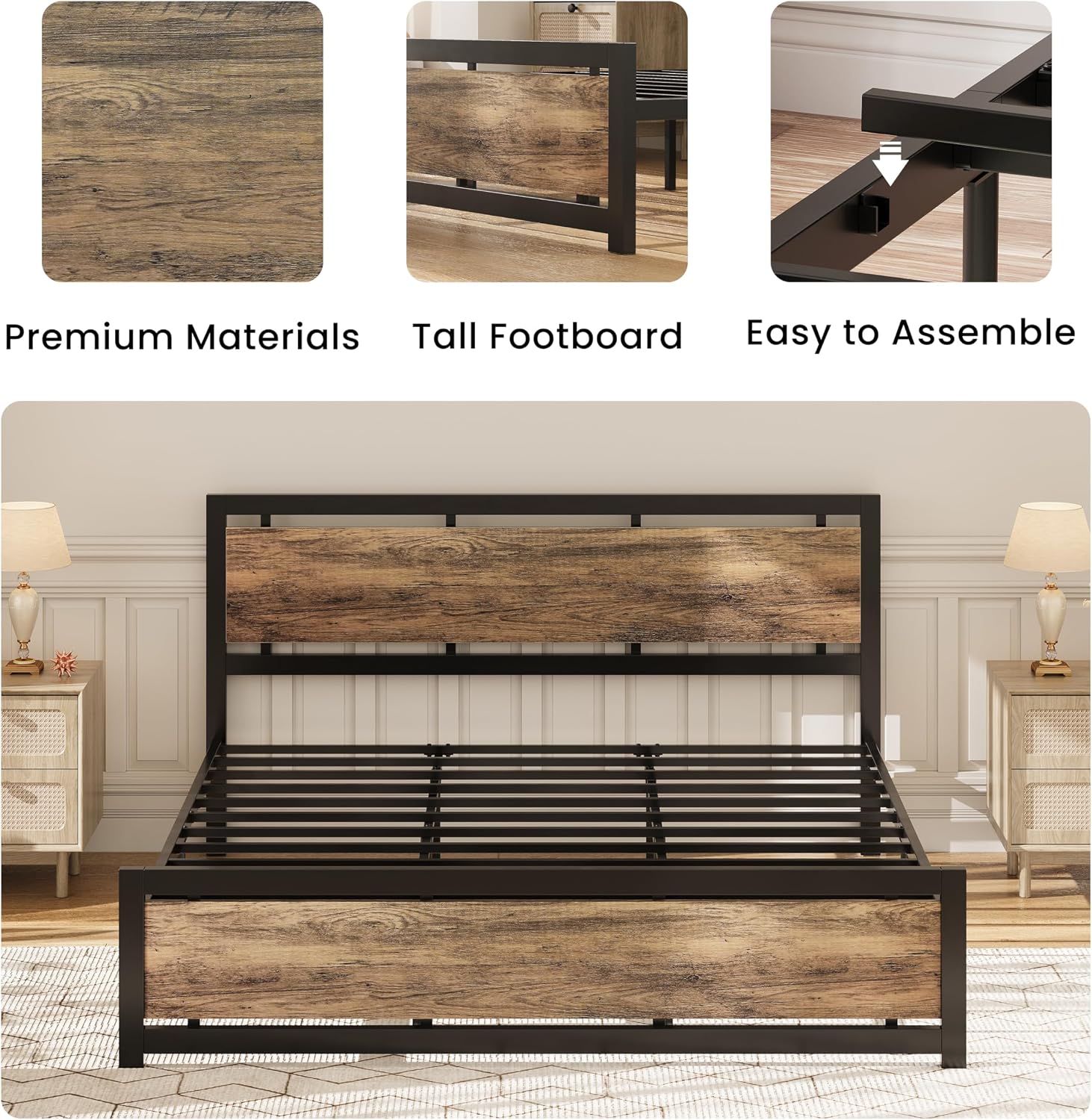 LIKIMIO California King Bed Frame with Headboard and Footboard, Metal Strong Supports, Easy Assembly, Noise-Free, No Box Spring Needed, Walnut