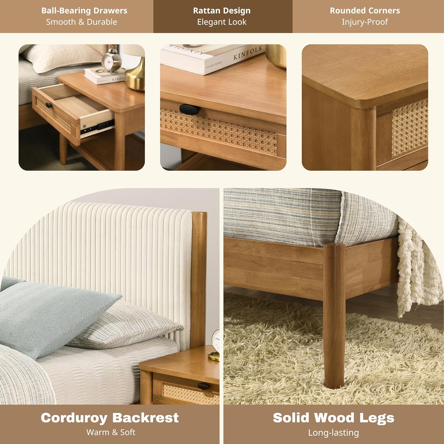 Roundhill Furniture Vichy 5-Piece Rubberwood Bedroom Set with Textured Polyester Upholstered Queen Bed, Chest, Dresser, Mirror, and 2 Nightstands