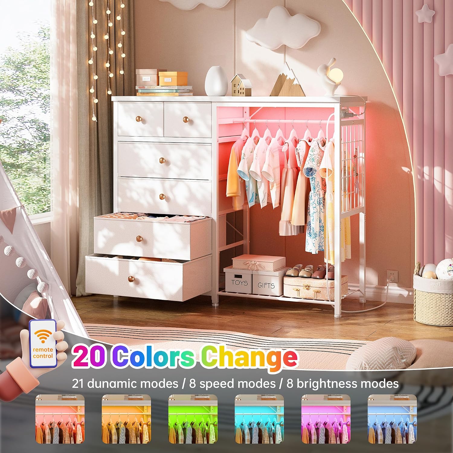 EnHomee 49.2' W Dresser with Hanging Rack & 6 Fabric Drawers for Bedroom, Featuring LED Lights and Charging Station, White Fabric Dressers & Chest of Drawers with Grid Panel & 4 Hooks, Wooden Top