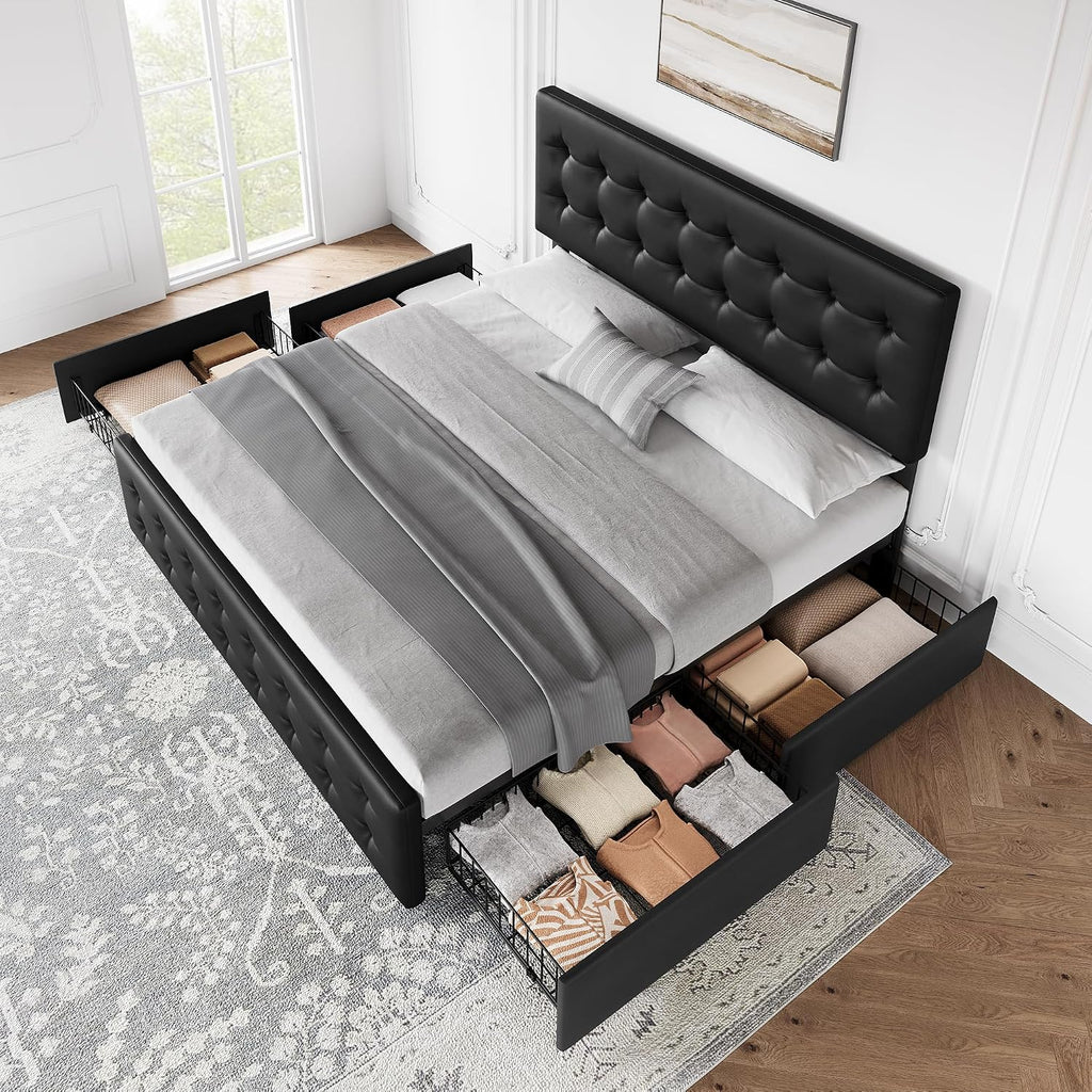 IDEALHOUSE King Size Bed Frame with 4 Storage Drawers and Headboard, Faux Leather Upholstered Platform Bed Frame with Wooden Slats Support, Button Tufted Design, No Box Spring Needed, Black