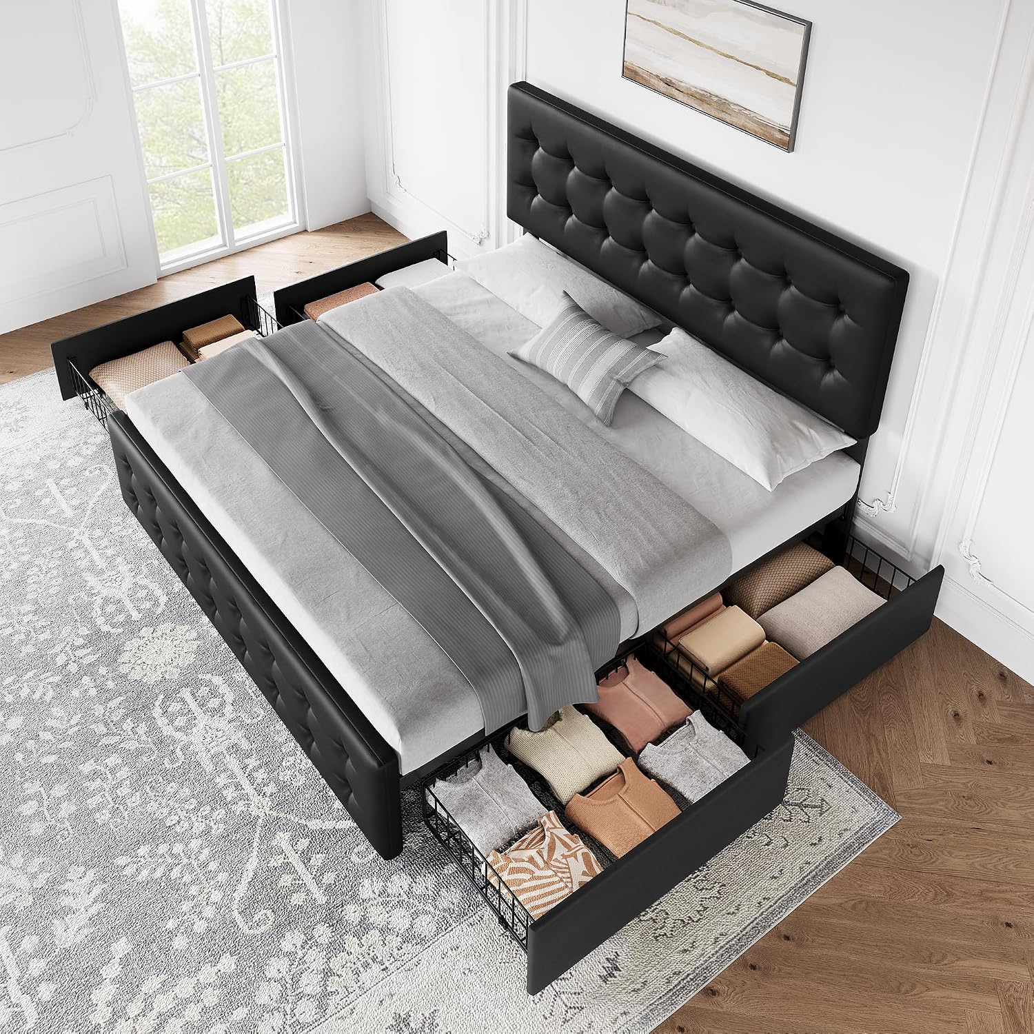 IDEALHOUSE King Size Bed Frame with 4 Storage Drawers and Headboard, Faux Leather Upholstered Platform Bed Frame with Wooden Slats Support, Button Tufted Design, No Box Spring Needed, Black