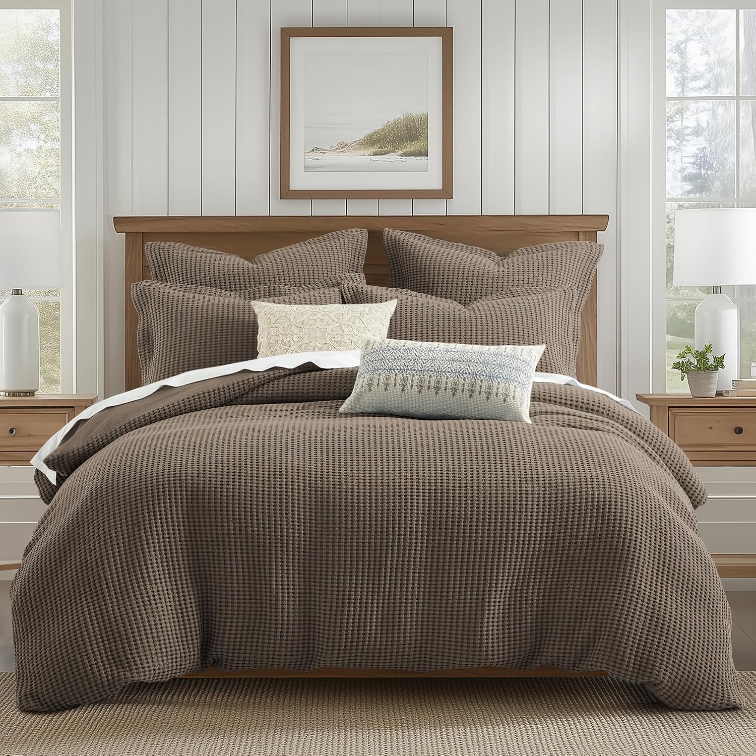 Levtex Home Mills Waffle Queen Duvet Cover Set (90x94in) with 2 Pillow Shams (26x20in) - Latte - 100% Cotton Queen Size Duvet Cover Set - Soft, Pre-Washed