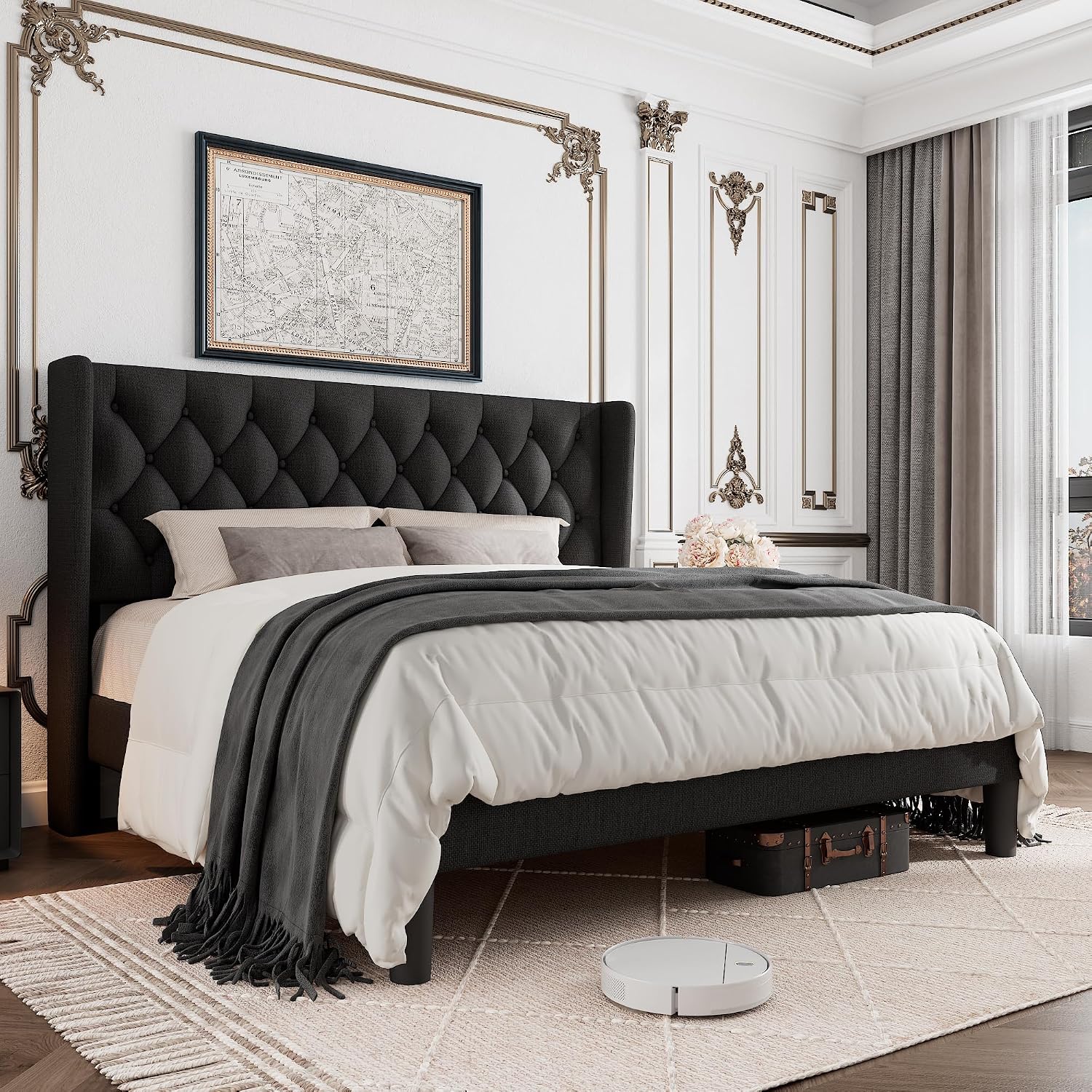 GalnFu King Size Bed Frame with Button Tufted Headboard, Upholstered Platform Bed Frame with UnderBed Storage, Wooden Slats Supports, Noise Free, No Box Spring Needed, Easy Assembly, Black