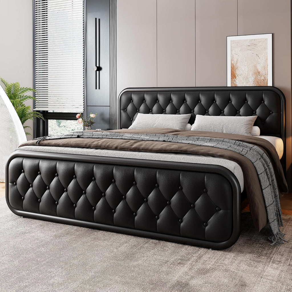 GalnFu King Metal Bed Frame, Upholstered Bed with Leather Button-Tufted Headboard & Footboard, Heavy-Duty U-Shape Platform Bed, Easy Assembly, Black