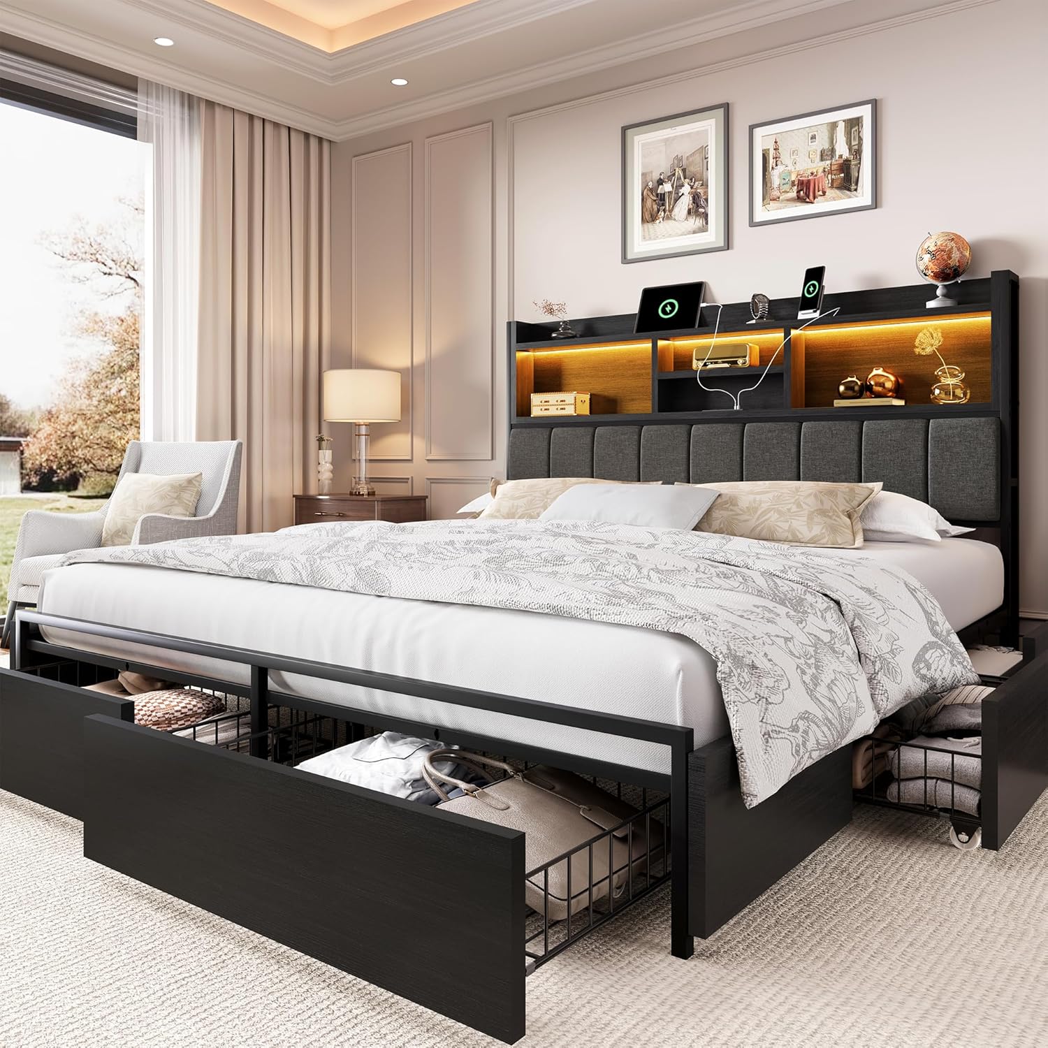 LARMACE Queen Bed Frame with 6 Storage Drawers, Bed Frame Queen Size with Linen Upholstered Headboard, Built in Charging Station and LED, No Noise, Metal Support, No Box Spring Needed,Vintage Black