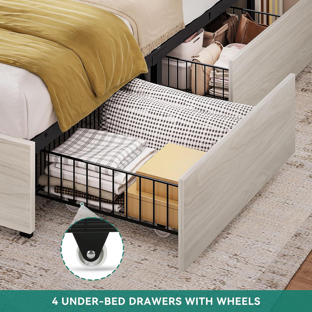 DWVO King Size Bed Frame with Bookcase Headboard and 4 Storage Drawers, RGB LED Bed Frame with Type-C & USB Charging Station Storage Headboard Bed, No Box Spring Needed, Noise Free, Antique White