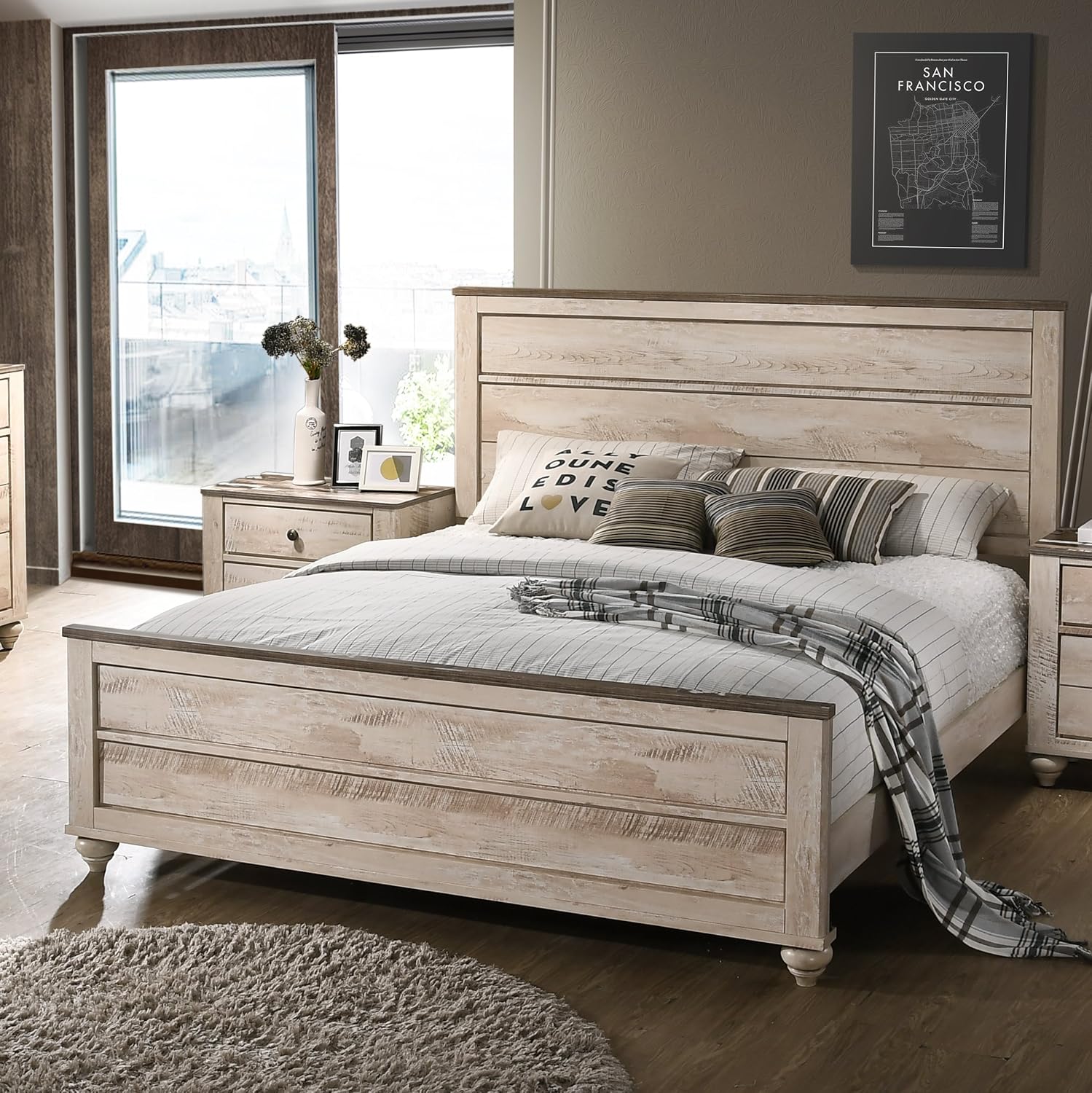 Roundhill Furniture Imerland Contemporary White Wash Finish 3-Piece Bedroom Set-King Bed and Two Nightstands