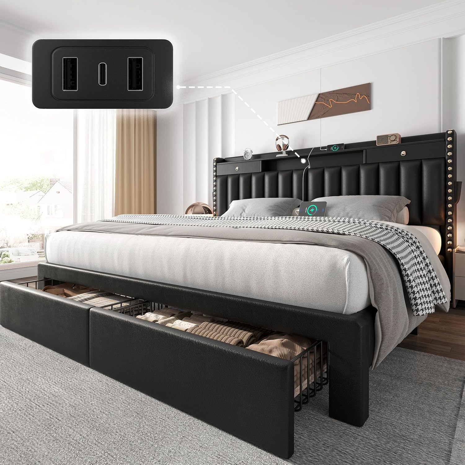 CypBed King Size Bed Frame with 2 Tier Storage Headboard, Upholstered King Bed Frame with 4-Storage Drawers, 3 USB & Type-C Charging Ports,Solid Wood Slats,No Box Spring Needed,Noise-Free, Black,Gift