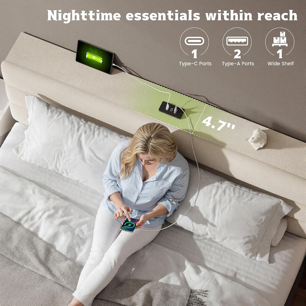 EnHomee Queen Bed Frame with Adjustable Height Upholstered Headboard, 3 USB Charging Ports, Noise-Free Platform Bed, No Box Spring Needed, Beige