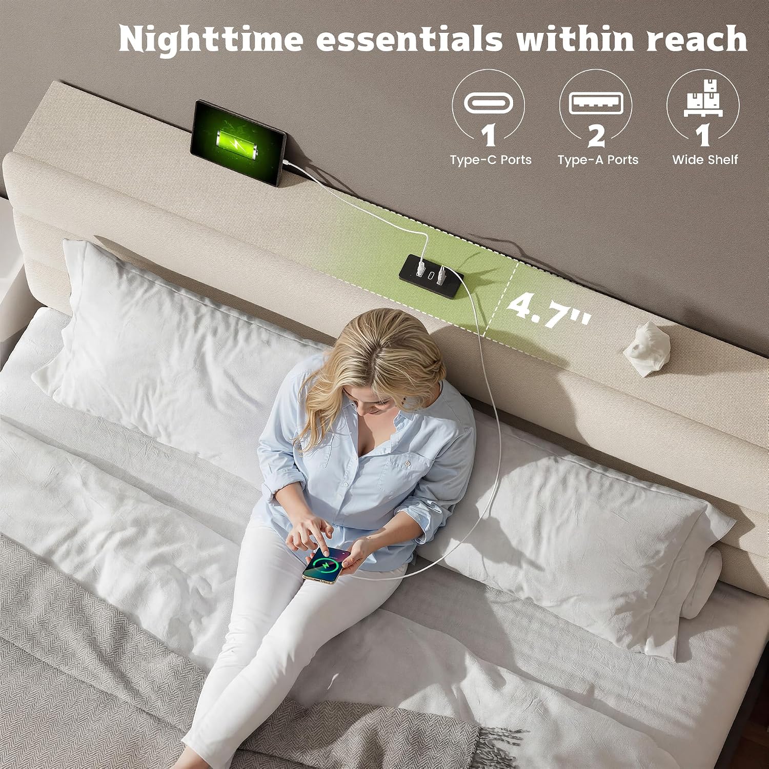 EnHomee Queen Bed Frame with Adjustable Height Upholstered Headboard, 3 USB Charging Ports, Noise-Free Platform Bed, No Box Spring Needed, Beige