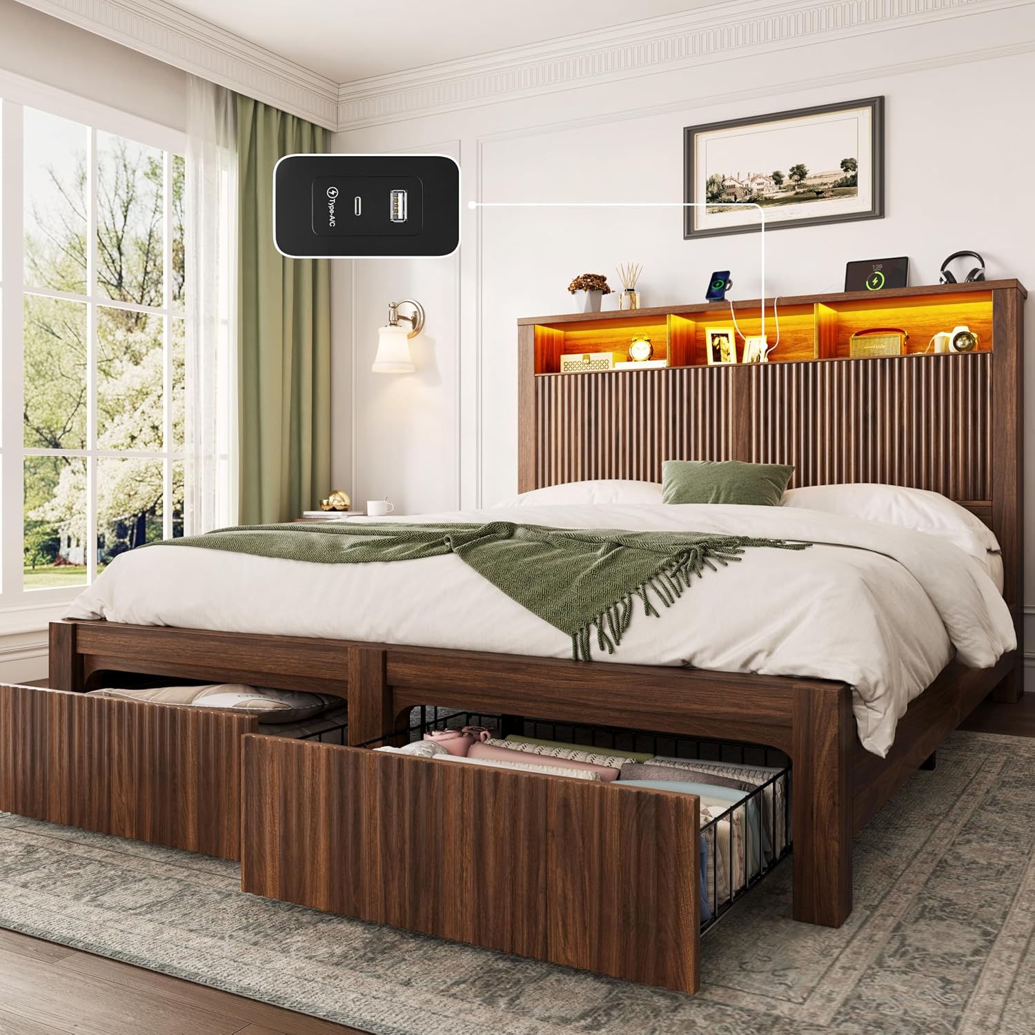 CypBed Full Size Bed Frame with Headboard and Storage Drawer, Full Bed Frame with LED Light and Charging Port, Farmhouse Wavy Design, Wood & Metal Platform, Noise-Free, No Box Spring Needed, Walnut