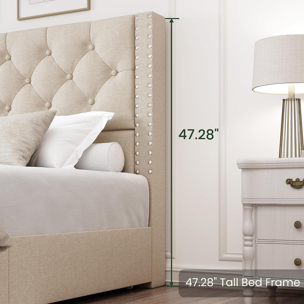 LARMACE Full Size Bed Frame with 4 Storage Drawers and Tufted Headboard Linen Upholstered Platform Bed Frame with Heavy Duty Wood Slats,No Box Spring Needed,Easy Assembly,Beige
