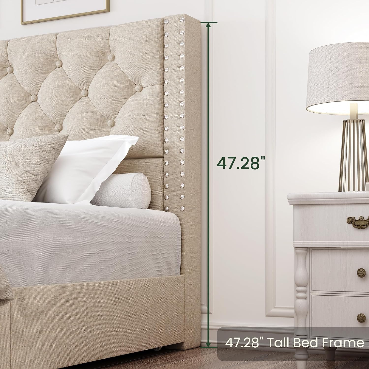 LARMACE Full Size Bed Frame with 4 Storage Drawers and Tufted Headboard Linen Upholstered Platform Bed Frame with Heavy Duty Wood Slats,No Box Spring Needed,Easy Assembly,Beige