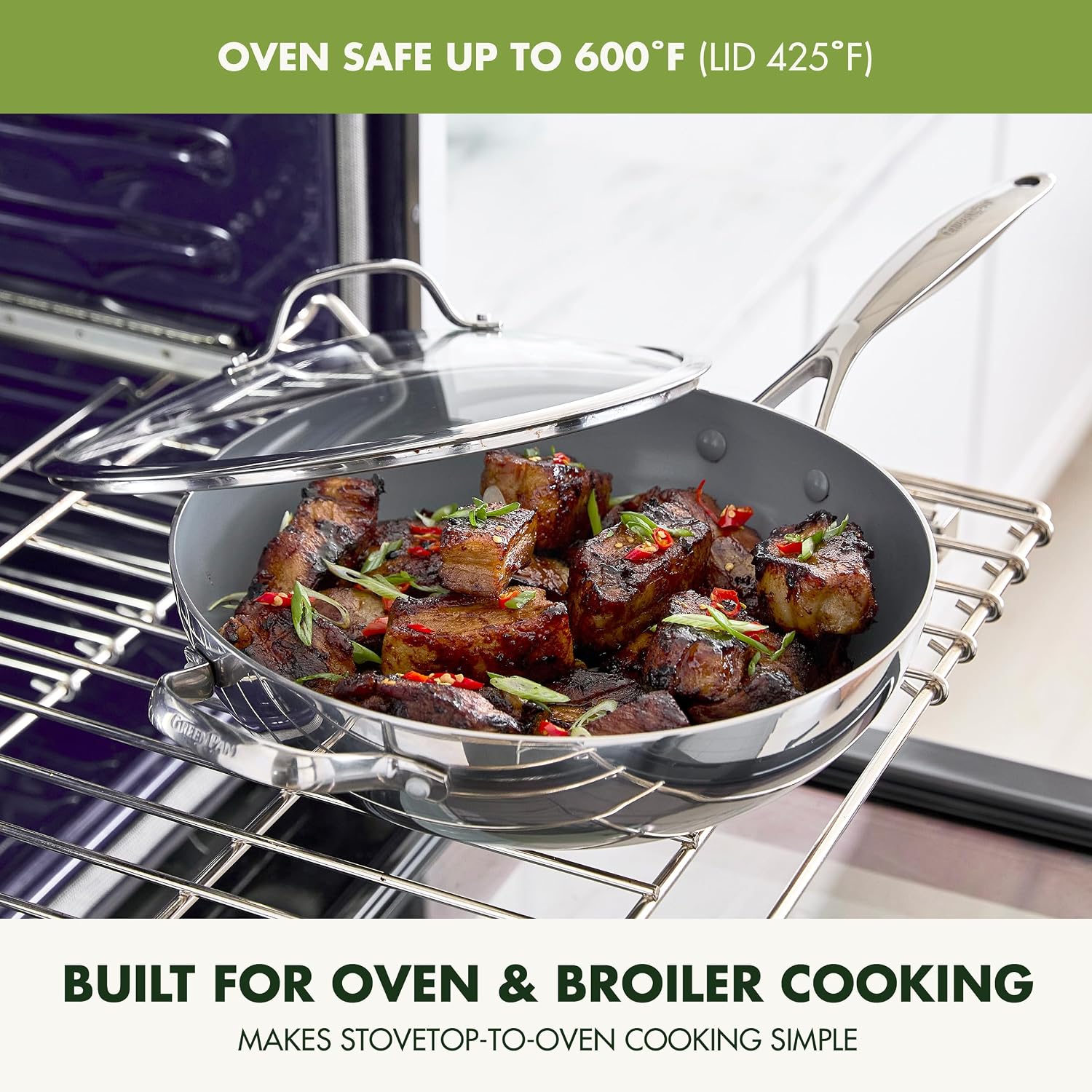 GreenPan Valencia Pro Tri-Ply Stainless Steel 12' Wok with Lid, PFAS-Free Ceramic Nonstick Coating, Induction Ready Cookware, All Cooktops, Dishwasher & Oven Safe to 600F
