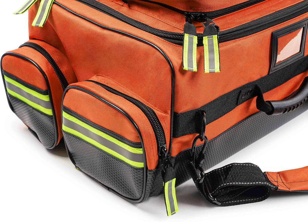 Scherber Fully Stocked First Responder Ultimate Professional EMT/EMS Trauma Kit | HSA/FSA Approved | w/10+ Compartments, Zippered Pockets, Dividers, Oxygen Access & 260+ First Aid Supplies (Orange)