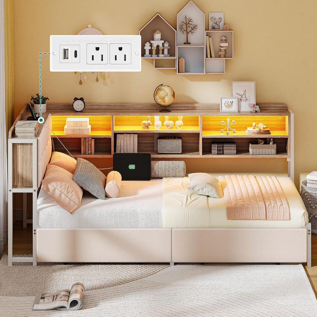 Twin Corner Bed Frame with Storage Drawers and Bookcase & Flip-up Storage Headboard, Twin Size Platform Corner Bed Frame with Charging Station and LED Lights, Twin Daybed for Dorm or Guests, Beige