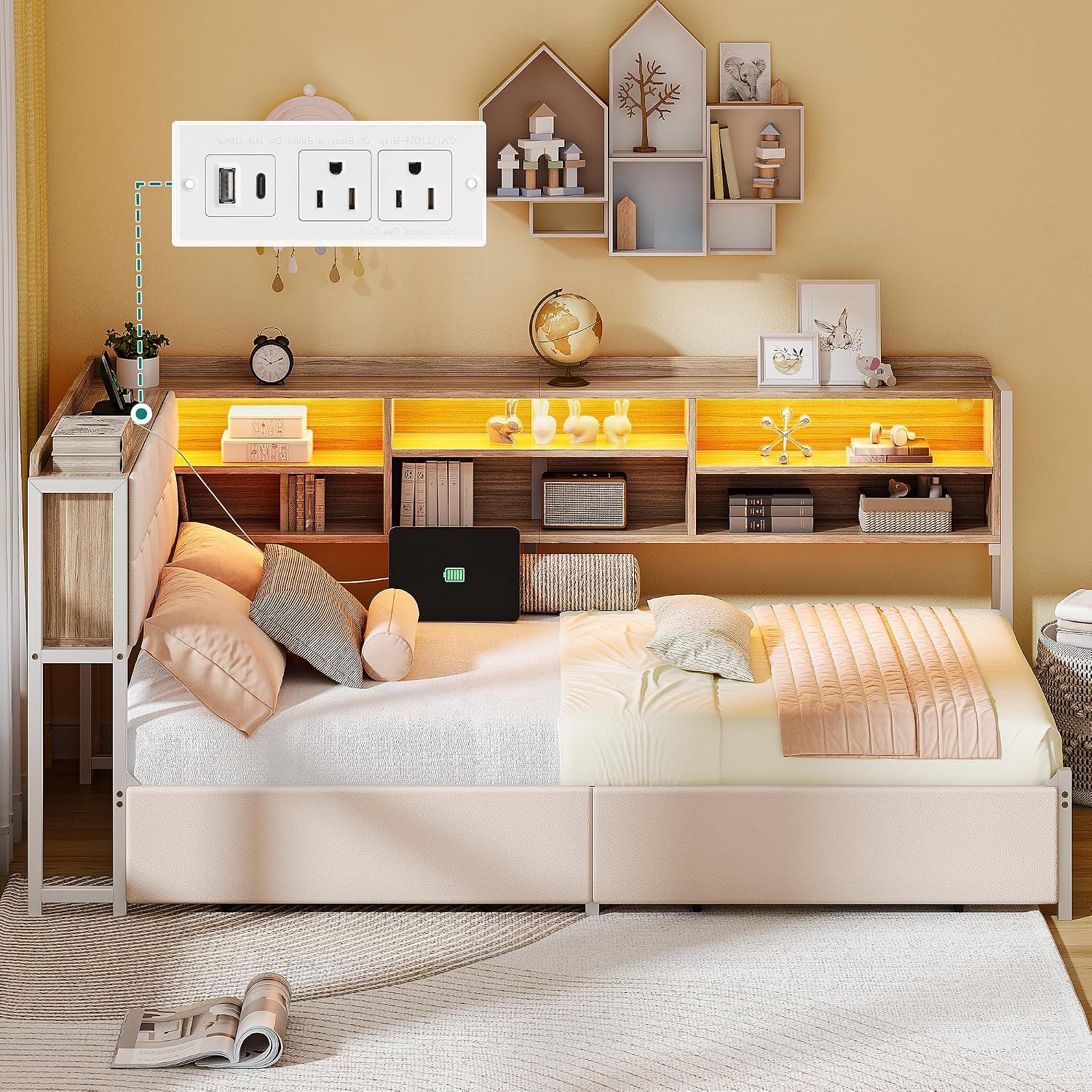 Twin Corner Bed Frame with Storage Drawers and Bookcase & Flip-up Storage Headboard, Twin Size Platform Corner Bed Frame with Charging Station and LED Lights, Twin Daybed for Dorm or Guests, Beige