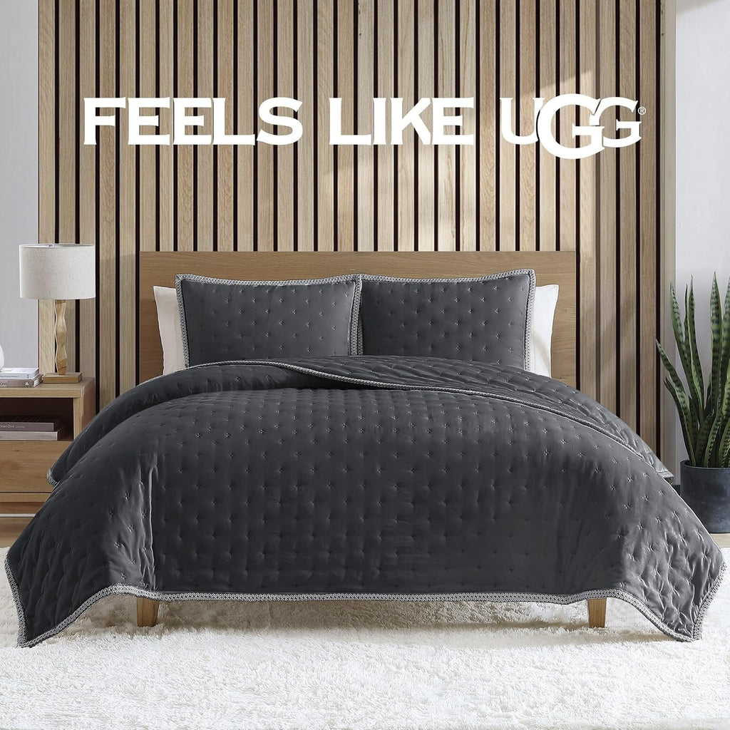 UGG Braid Full/Queen Quilt Set – 3 Piece Queen Quilt Bedding Set with 2 Shams, Soft Lightweight Bedspread Coverlet for Home & Bedroom, Black Ink (Devon)