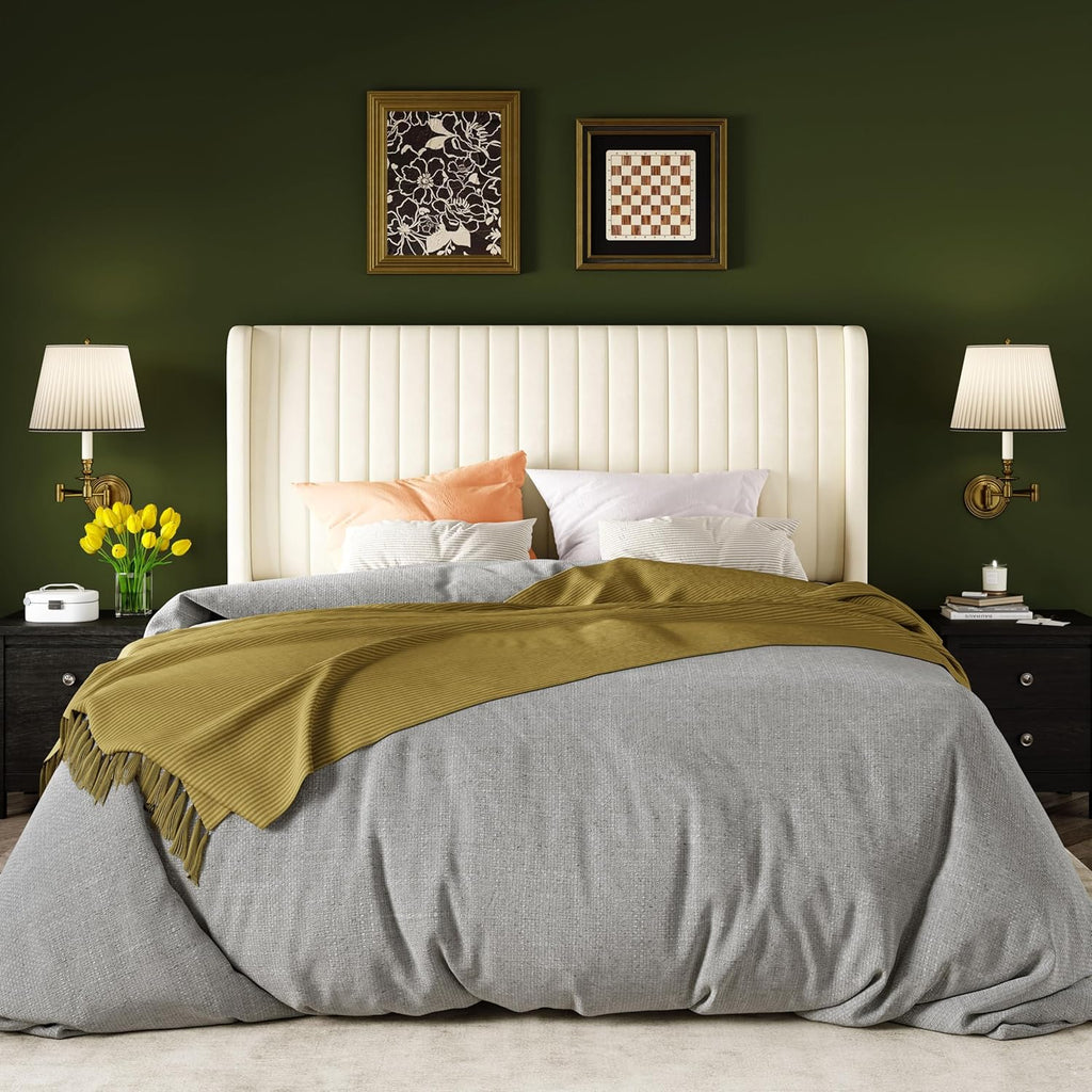 Allewie Queen Size Velvet Bed Frame/Vertical Channel Tufted Wingback Headboard/Upholstered Platform Bed/Strong Wooden Slats/No Box Spring Needed/Easy Assembly/Cream White