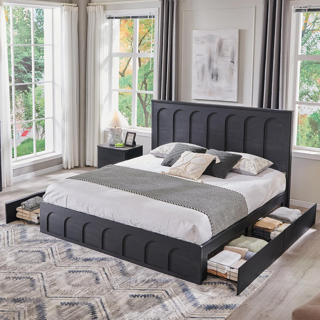ACCOHOHO King Size Bed Frame Modern with 51' Tall Arched Recessed Headboard and 4 Drawers, Solid Wood Slats Support, Wood Platform, Noise Free, No Box Spring Needed, (Black)