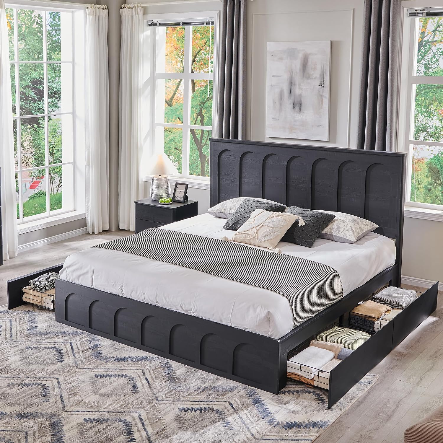 ACCOHOHO King Size Bed Frame Modern with 51' Tall Arched Recessed Headboard and 4 Drawers, Solid Wood Slats Support, Wood Platform, Noise Free, No Box Spring Needed, (Black)