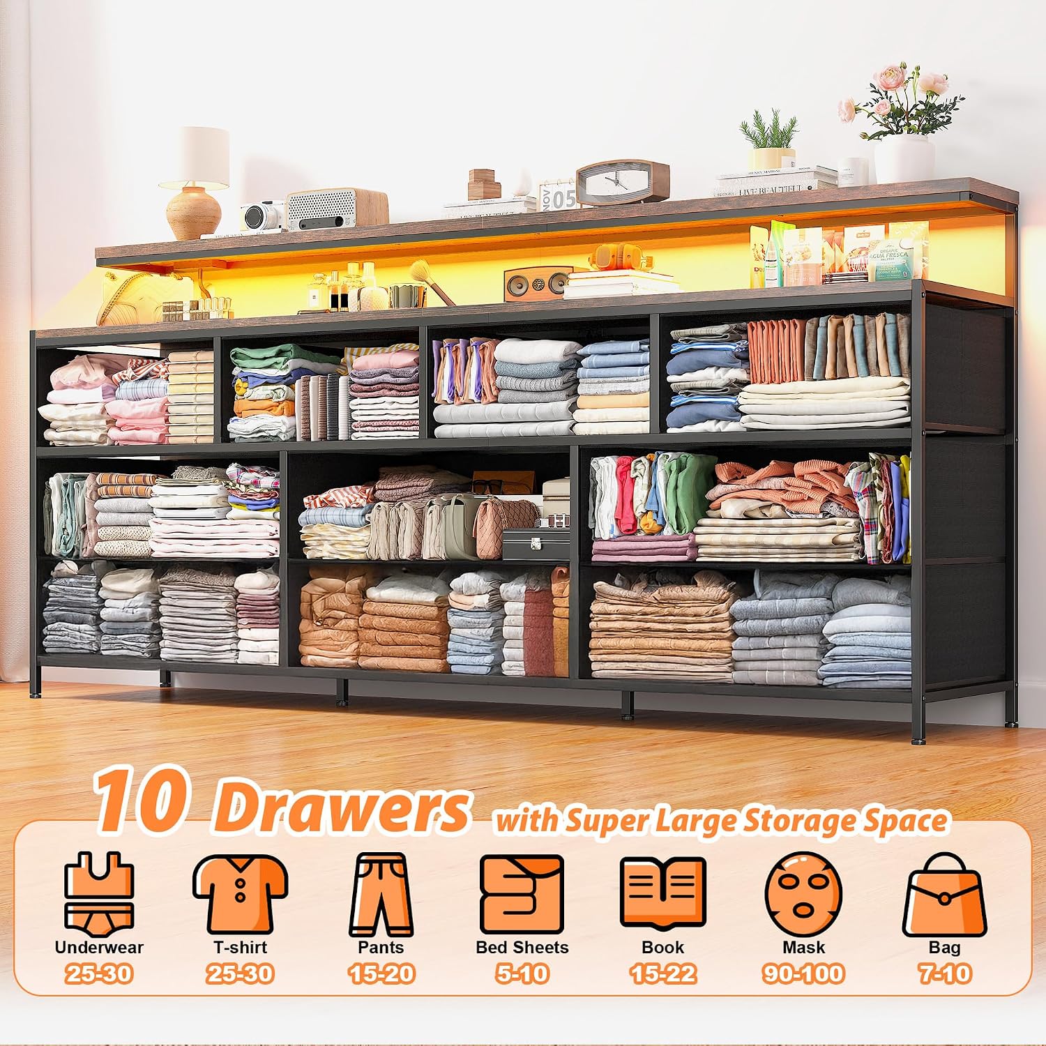 55' W Dresser for Bedroom with 10 Fabric Drawers Long Dresser with LED Lights & Power Outlets Wide Dressers & Chests of Drawers Large Organizer for Bedroom, Metal Frame, Wood Top, Rustic Brown