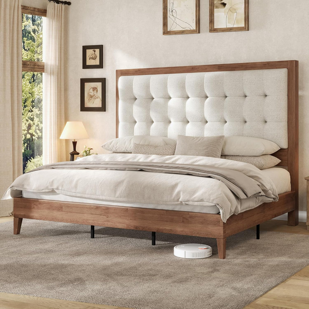 AMERLIFE Full Size Bed Frame with Headboard, Solid Wooden Bed Frame Full Size Platform Bed Frame Mid-Century Style, No Box Spring Required, Walnut