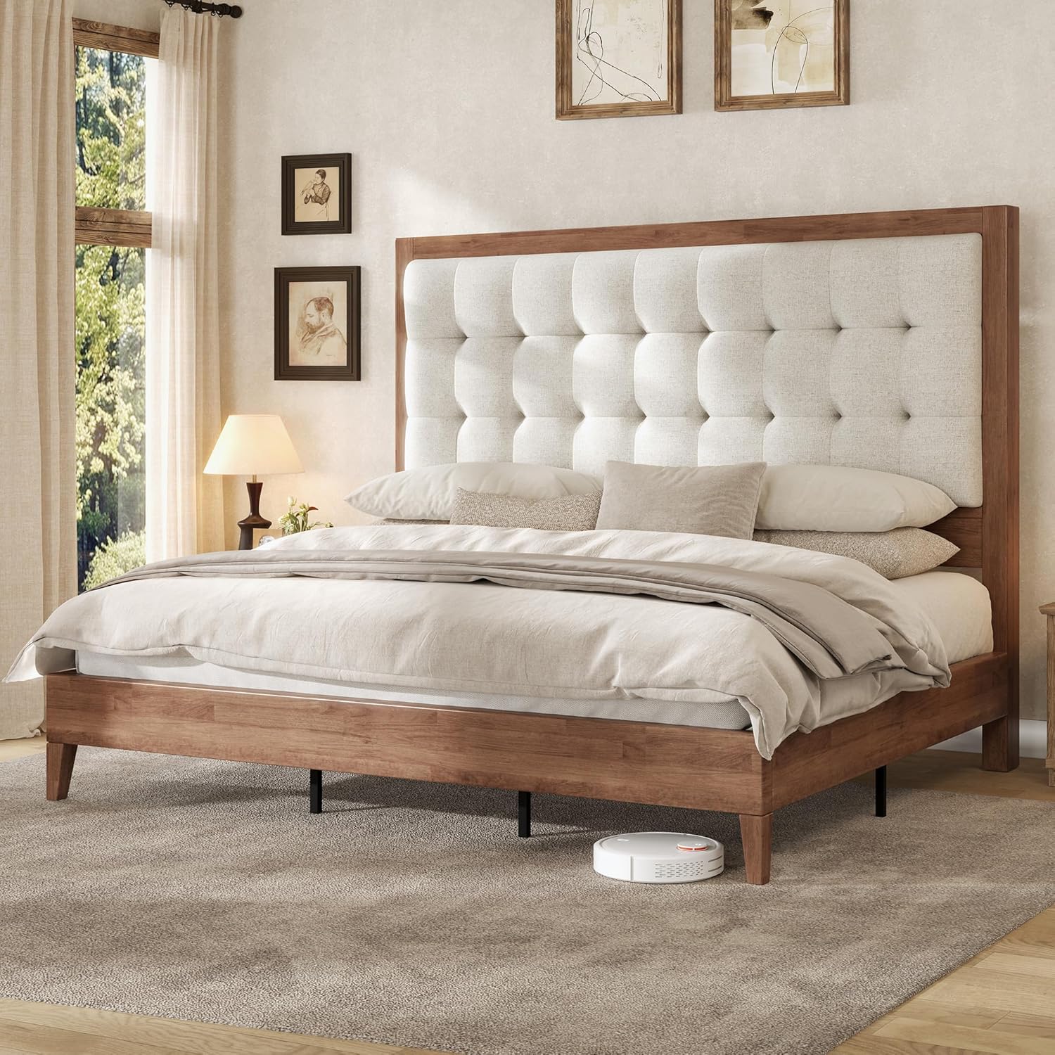 AMERLIFE Full Size Bed Frame with Headboard, Solid Wooden Bed Frame Full Size Platform Bed Frame Mid-Century Style, No Box Spring Required, Walnut