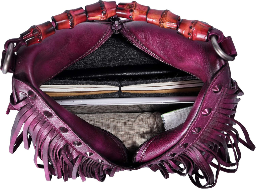 ZLYC Women's Leather Bamboo Hand Strap Featured Fringe Bohemian Tassel Studed Cross Body Bag