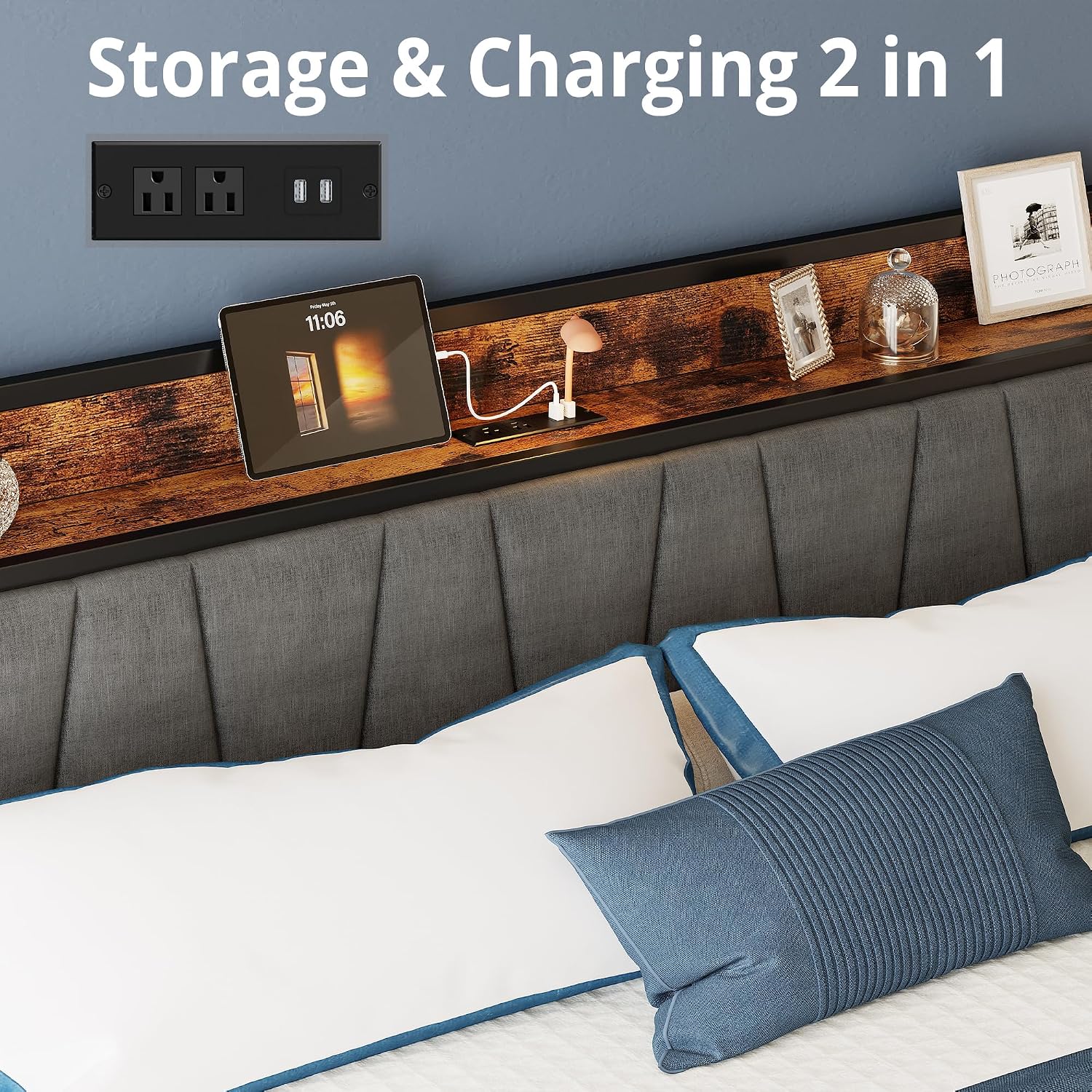 LIKIMIO California King Bed Frame with 4 Storage Drawers, Platform Bed with Charged Headboard, Sturdy and Stable, No Noise, No Box Spring Needed, Easy to Install, Vintage Brown and Gray