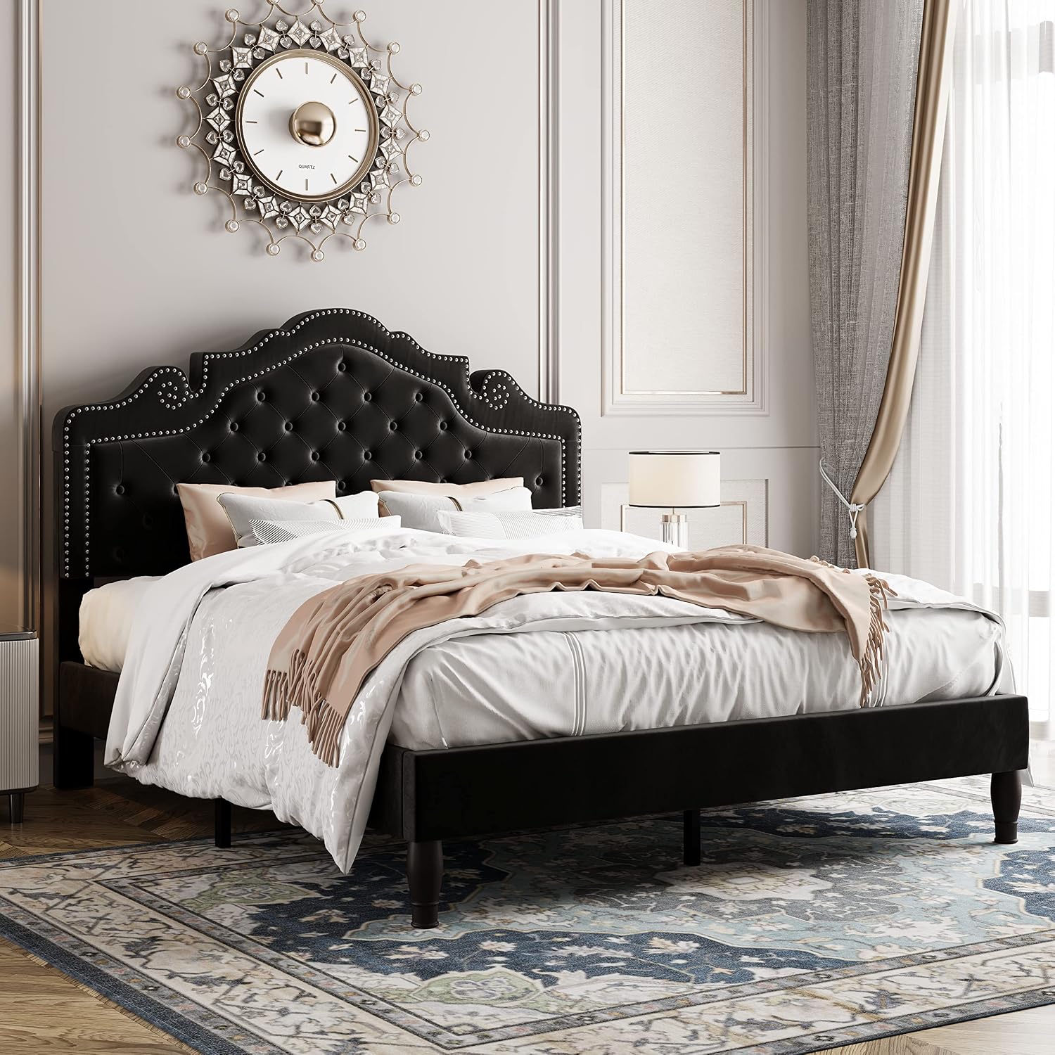 Allewie Queen Velvet Bed Frame with Adjustable Headboard, Wooden Slats, No Box Spring Needed, Easy Assembly, Black