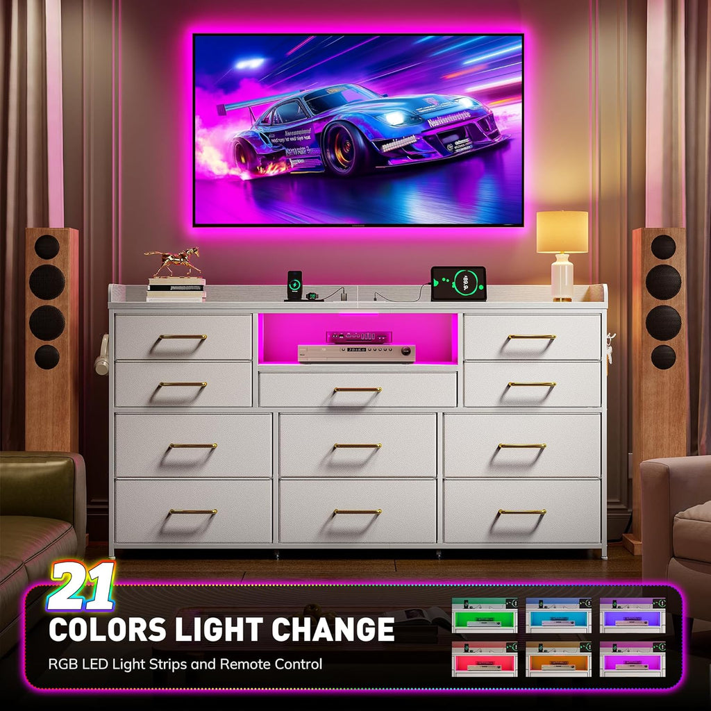 White Dresser for Bedroom with LED Lights & Charging Station & 4 Hooks 11 Drawer Dressers & Chests of Drawers Long Fabric Dresser TV Stand for 50 55 60 inch TV for Entryway 11.8'D x 47.2'W x 31.5'H