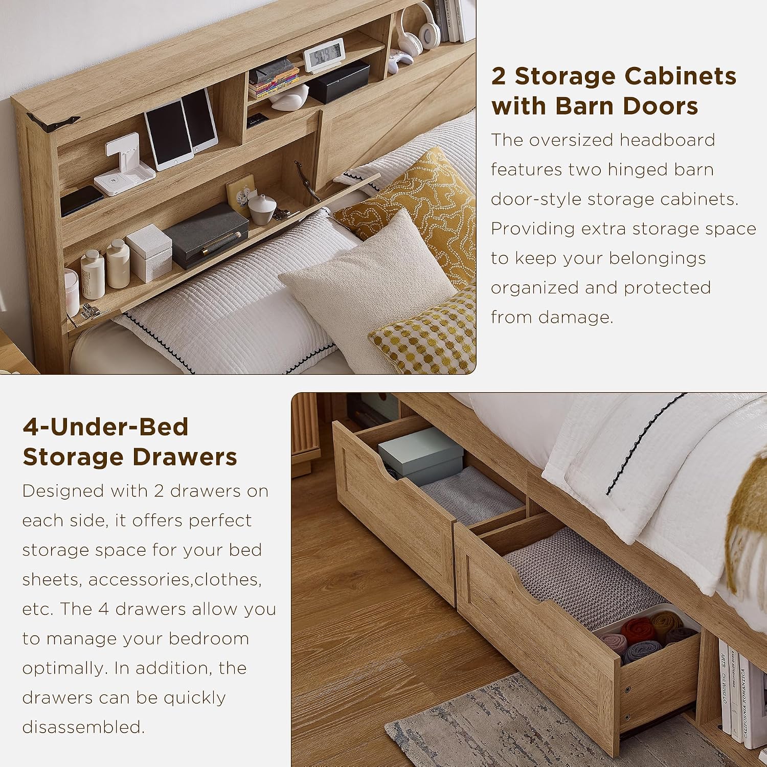 ACCOHOHO Farmhouse Queen Size Bed Frame with 52' Storage Bookcase Headboard and 4 Drawers,Wood Bed Frame with LED Light and Charging Station,Natural Oak