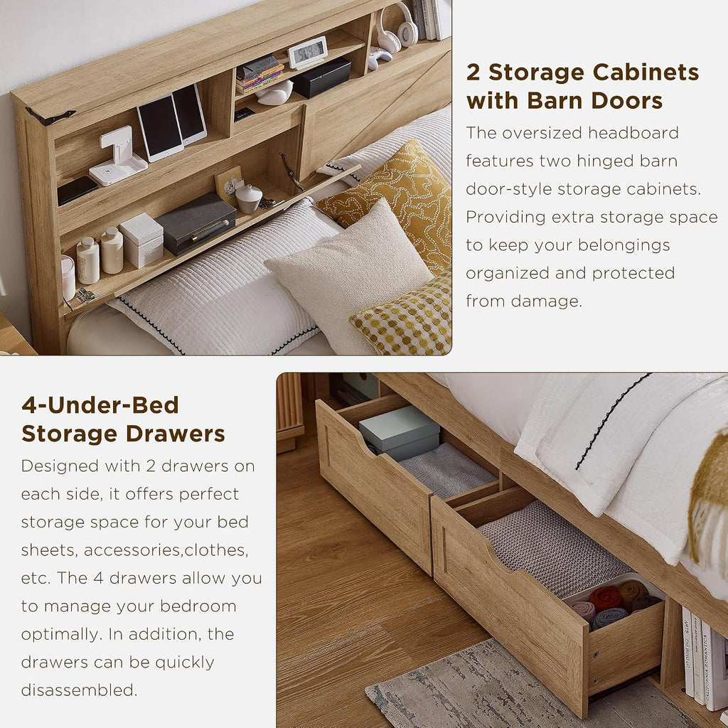 ACCOHOHO King Bed Frame with 52' Headboard and 4 Drawers,LED Light,Charging Station,Solid Wood Slats Support,No Box Spring Needed,Natural Oak